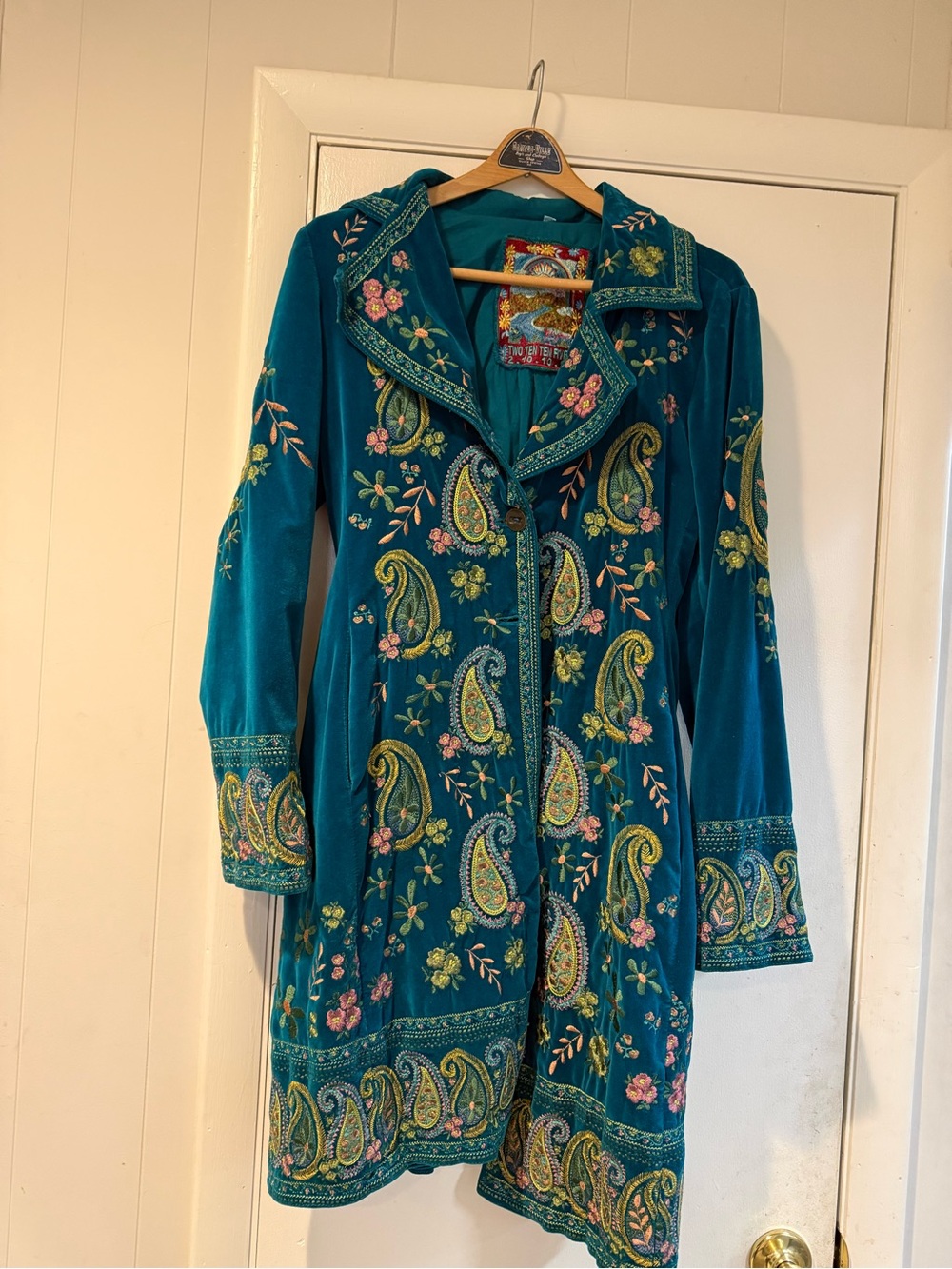2 10 10 5 Teal Embroidered Velvet Coat with Paisley Detail